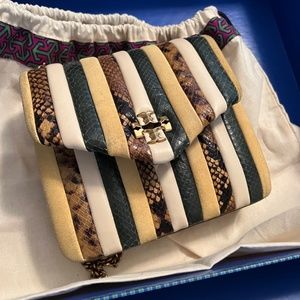 Kira Exotic Stripe Square Leather Crossbody Handbag, box and dust bag
